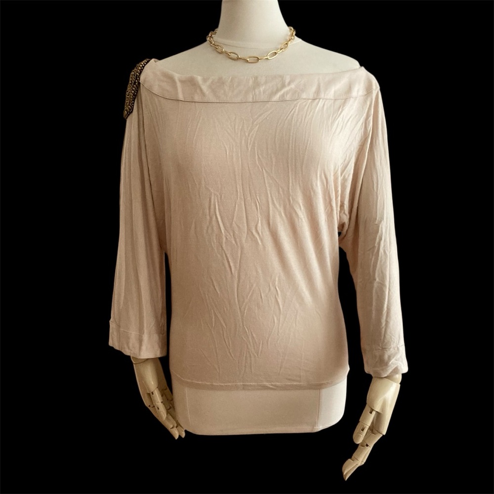 KARINA GRIMALDI | Nude Cold Shoulder Blouse Small Metal Applique Revolve